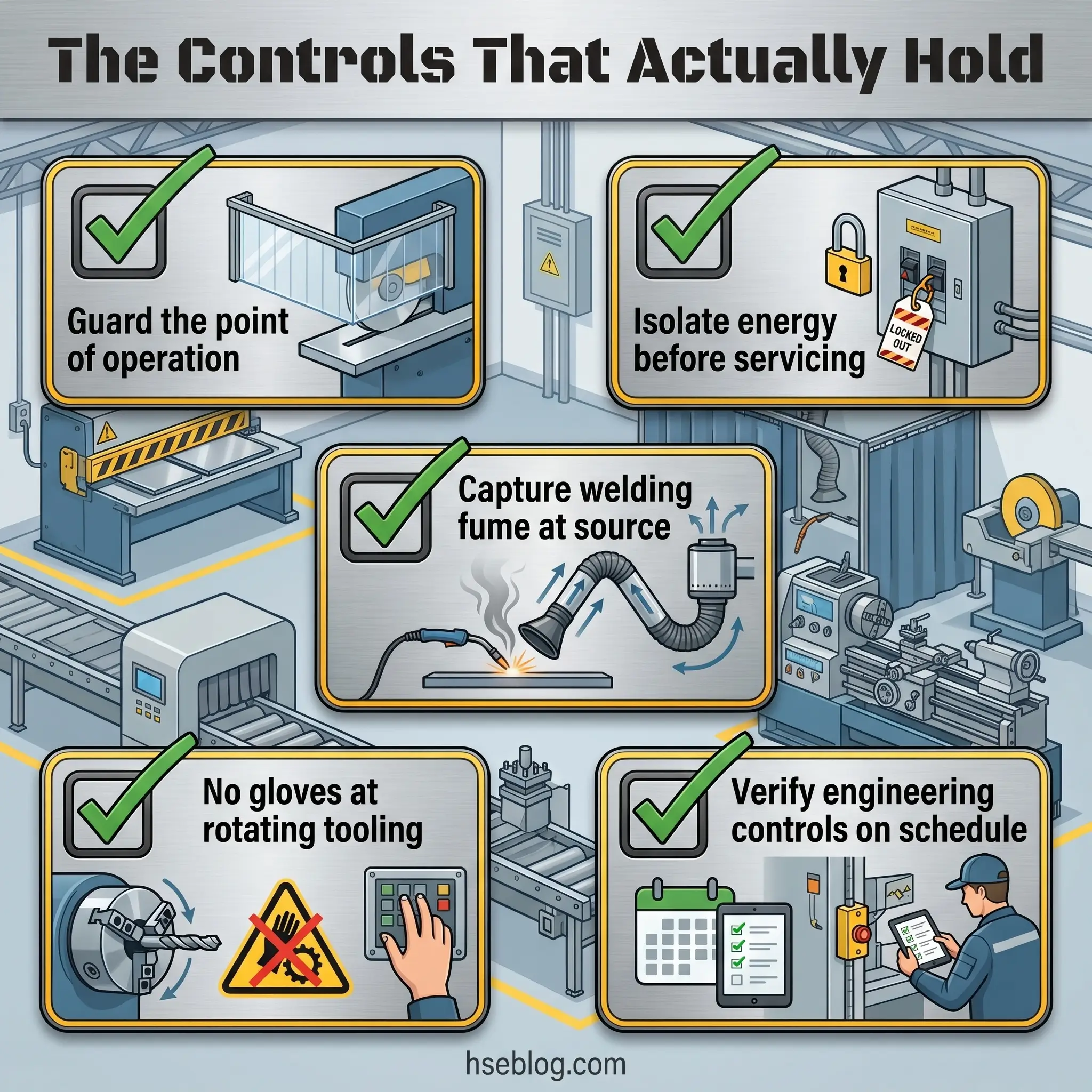 Industrial safety infographic displaying five key machine control practices: guarding point of operation, isolating energy before servicing, capturing welding fume at source, avoiding gloves at rotating tooling, and verifying engineering controls on schedule.