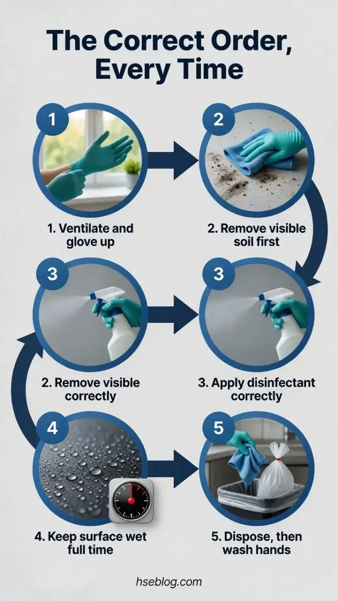 Infographic showing five steps for proper surface disinfection: put on gloves, remove visible soil, apply disinfectant spray, keep surface wet, and dispose of materials before washing hands.