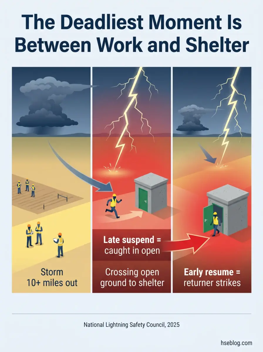 Infographic showing three stages of a thunderstorm approaching a construction site, illustrating the dangerous gap between work suspension and shelter access where lightning strikes pose the greatest risk to workers.