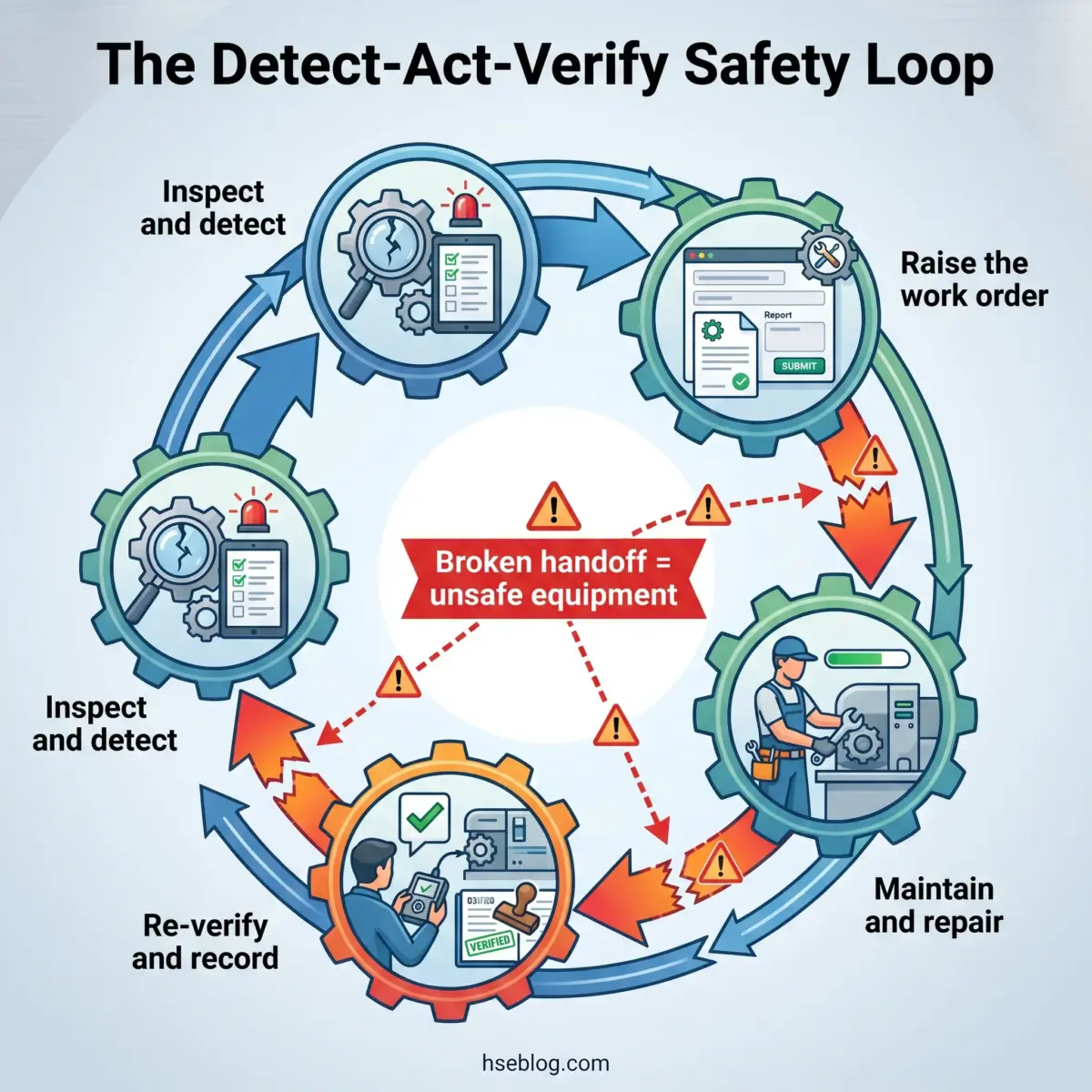 Circular diagram illustrating the Detect-Act-Verify Safety Loop with four interconnected stages: inspect and detect hazards, raise work orders, maintain and repair equipment, and re-verify and record, emphasizing how broken handoffs lead to unsafe equipment.