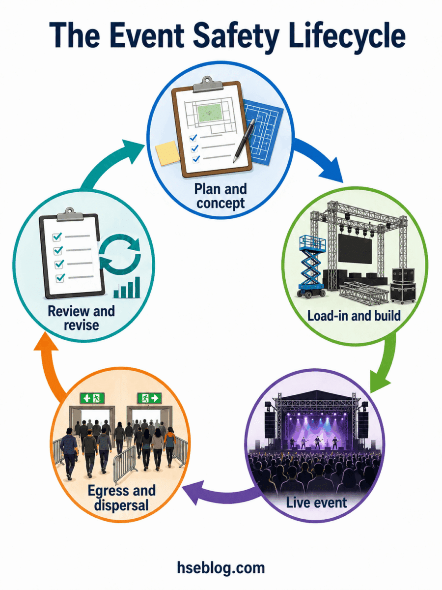 Circular diagram showing the five stages of event safety lifecycle: plan and concept, load-in and build, live event, egress and dispersal, and review and revise, with arrows connecting each phase.