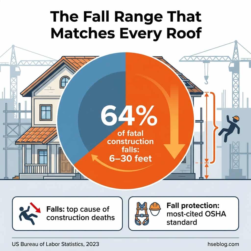 Infographic showing that 64% of fatal construction falls occur from 6-30 feet, identifying falls as the top cause of construction deaths and fall protection as the most-cited OSHA standard.