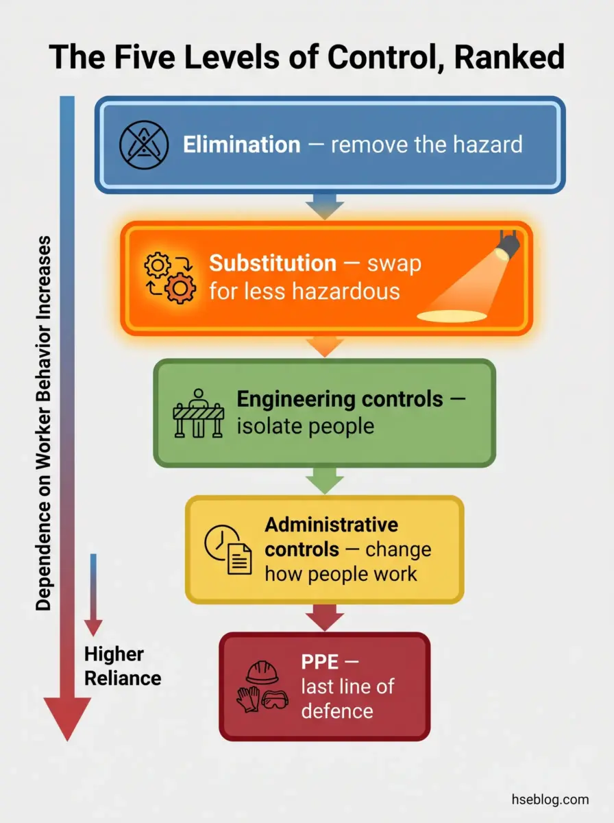 Hierarchical diagram showing the five levels of control ranked from most to least effective: elimination, substitution, engineering controls, administrative controls, and personal protective equipment, with arrows indicating increasing reliance on worker behavior.