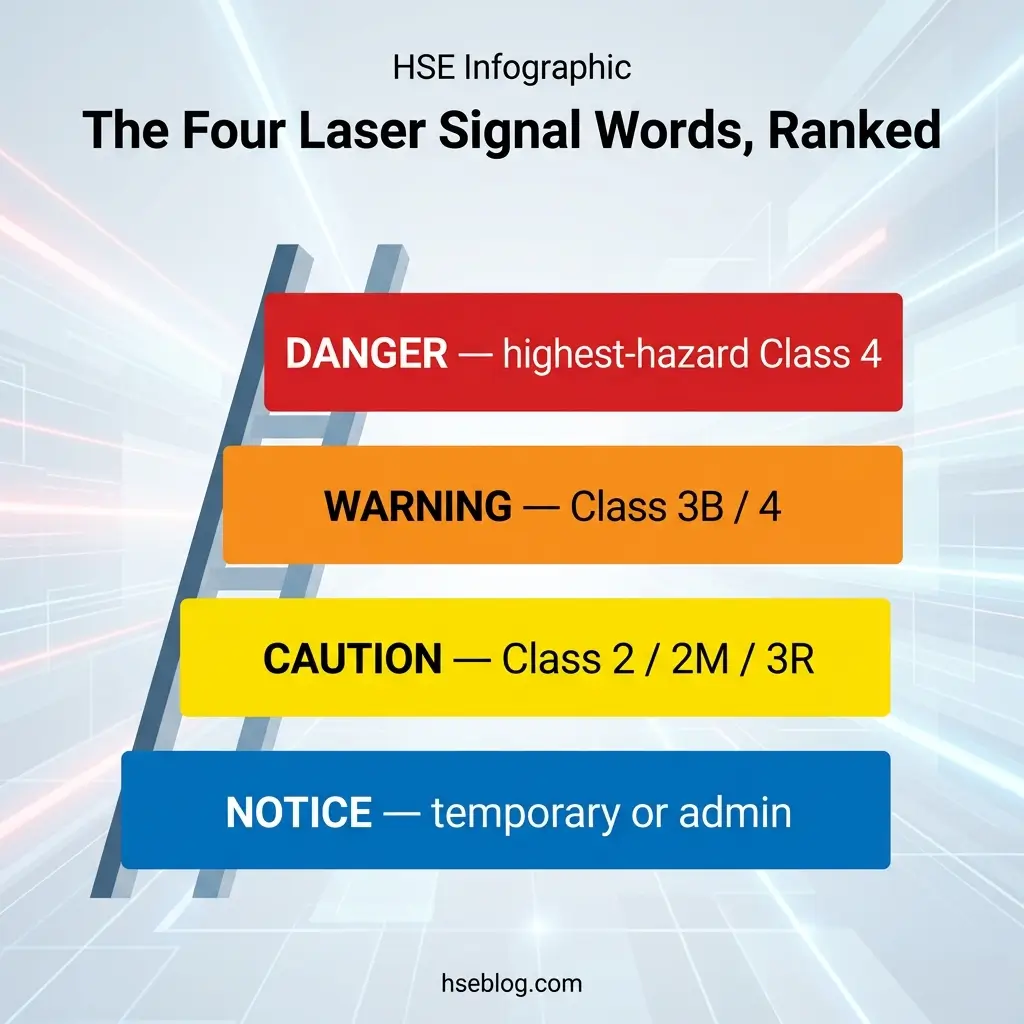 Infographic showing the four laser signal words ranked by hazard level on a ladder: Danger (Class 4, red), Warning (Class 3B/4, orange), Caution (Class 2/2M/3R, yellow), and Notice (temporary/admin, blue).