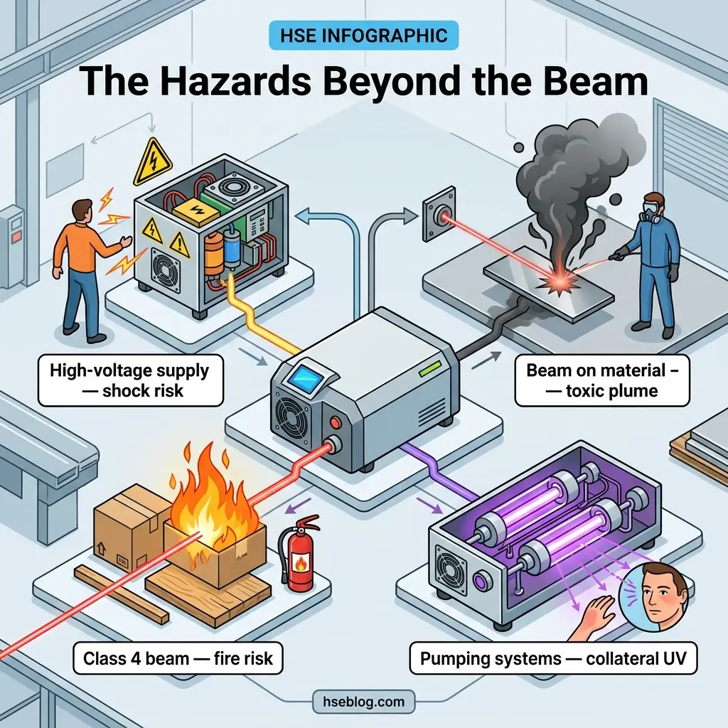 Infographic illustrating four major hazards associated with laser beam systems: electrical shock from high-voltage supplies, toxic plumes from beam-material interaction, fire risk from Class 4 beams, and collateral UV exposure from pumping systems.
