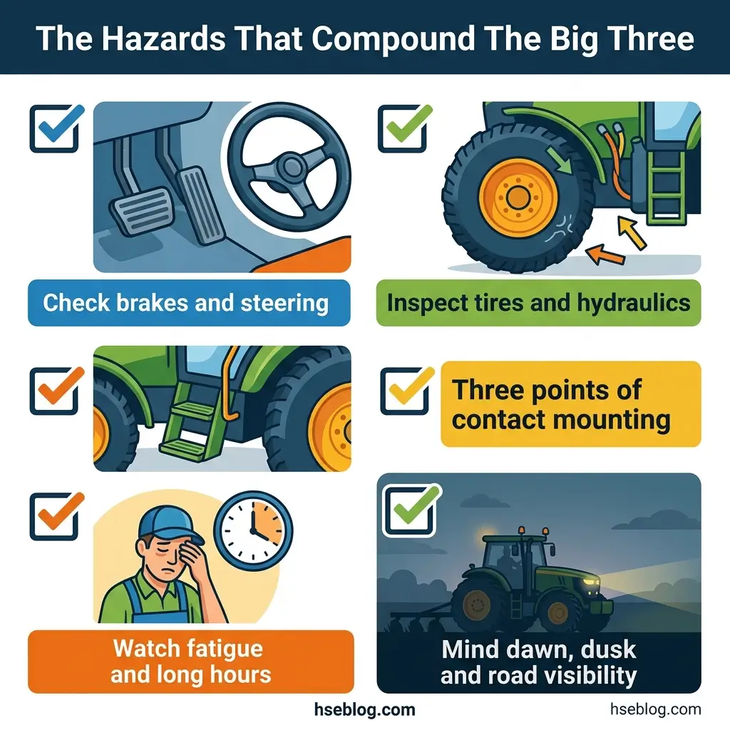 Infographic showing six safety hazards for farm equipment operators: brake and steering checks, tire and hydraulic inspections, three-point contact mounting, fatigue monitoring, and visibility during dawn and dusk conditions.