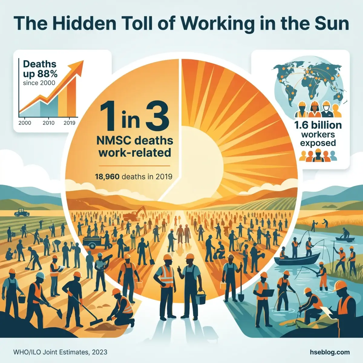 Infographic showing that 1 in 3 work-related deaths are from heat stress, with 18,960 deaths in 2019, an 88% increase since 2000, affecting 1.6 billion workers globally across agriculture, construction, and fishing industries.