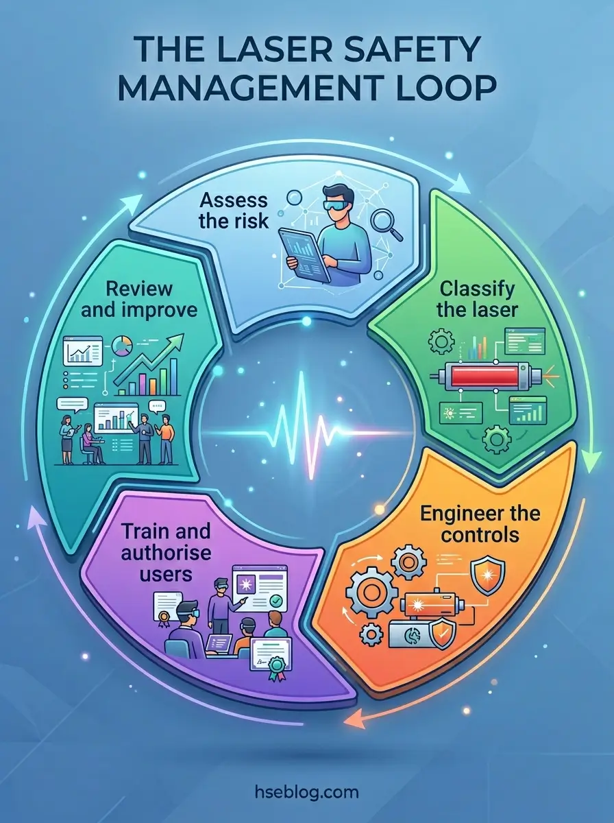 Circular diagram showing the five steps of laser safety management: assessing risk, classifying the laser, engineering controls, training users, and reviewing improvements, with icons and illustrations for each stage.