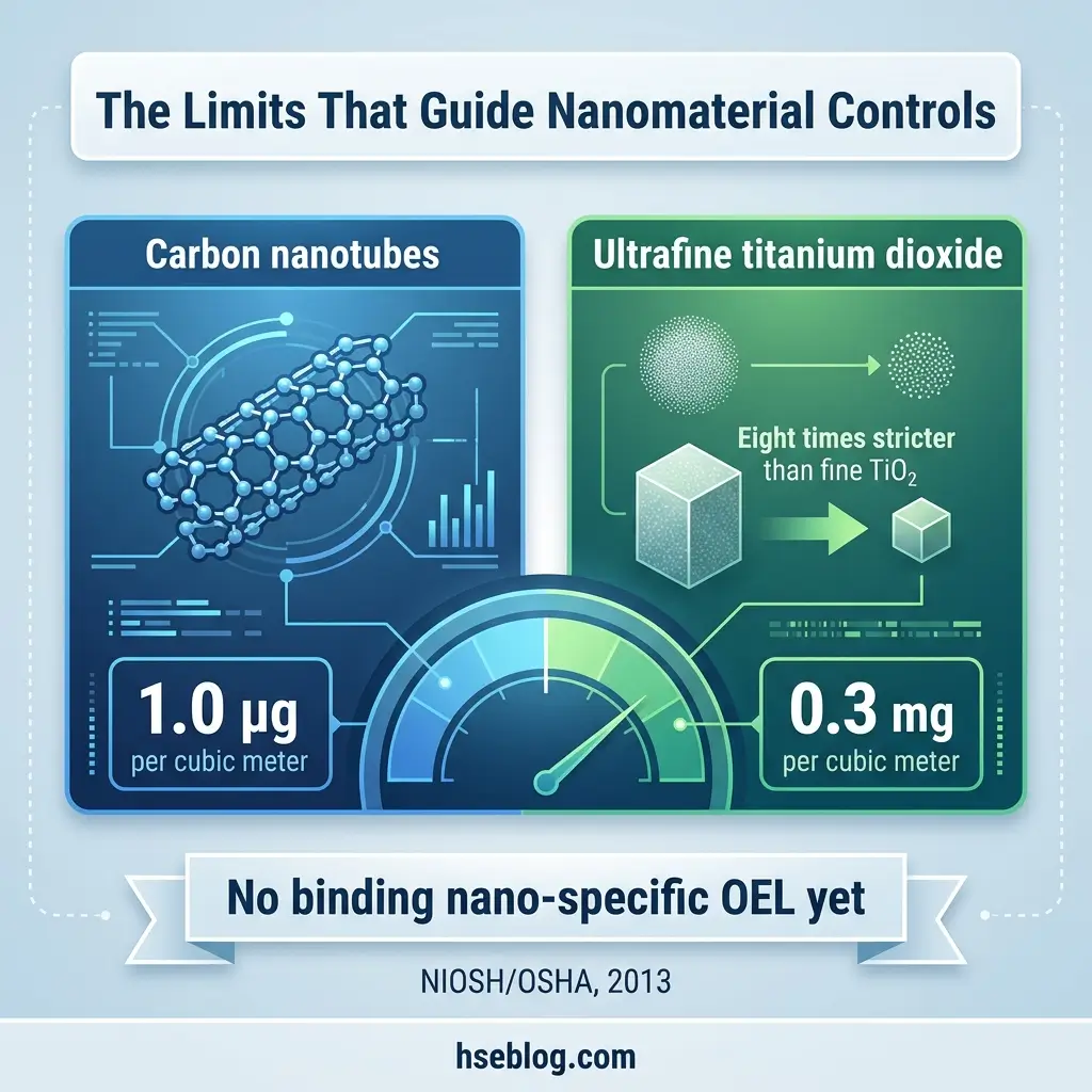 Infographic showing exposure limits for carbon nanotubes at 1.0 micrograms per cubic meter and ultrafine titanium dioxide at 0.3 milligrams per cubic meter, with note that no nano-specific occupational exposure limits exist yet.