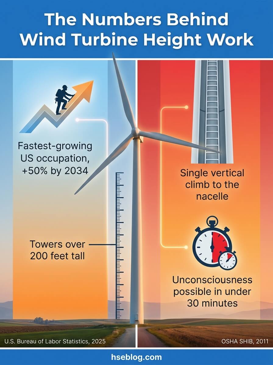 Infographic showing statistics about wind turbine technician work, including fastest-growing US occupation with 50% growth by 2034, towers over 200 feet tall, single vertical climbs to nacelle, and unconsciousness risk under 30 minutes.