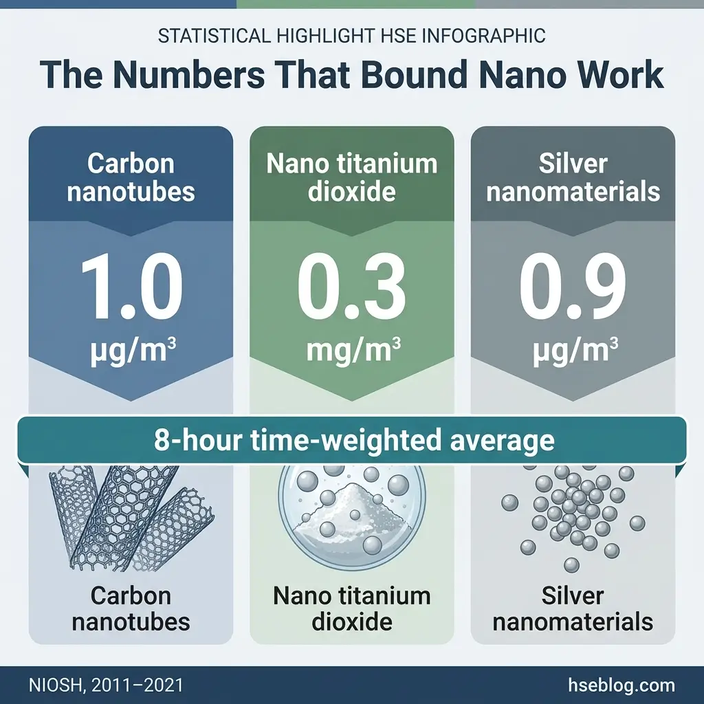 Three nanomaterial measurements displayed as banner cards showing 8-hour time-weighted average concentrations: carbon nanotubes at 1.0 µg/m³, nano titanium dioxide at 0.3 mg/m³, and silver nanomaterials at 0.9 µg/m³, with corresponding visual illustrations of each material.