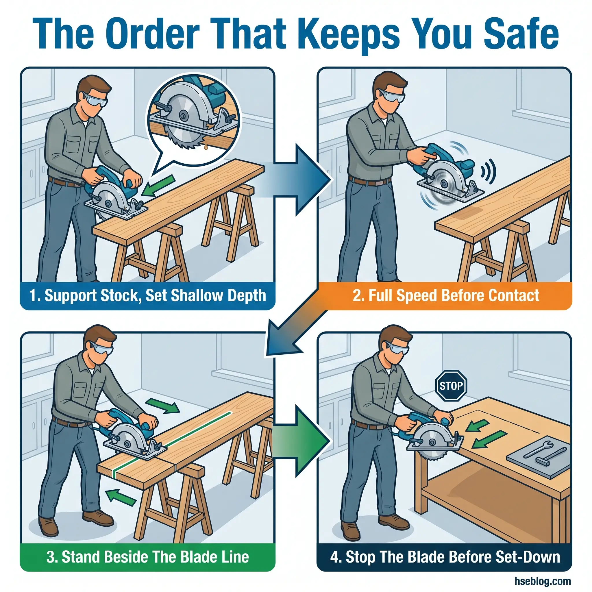 Illustrated guide showing four steps for safe circular saw operation: supporting the workpiece, reaching full speed before contact, standing beside the blade line, and stopping the blade before setting down the tool.