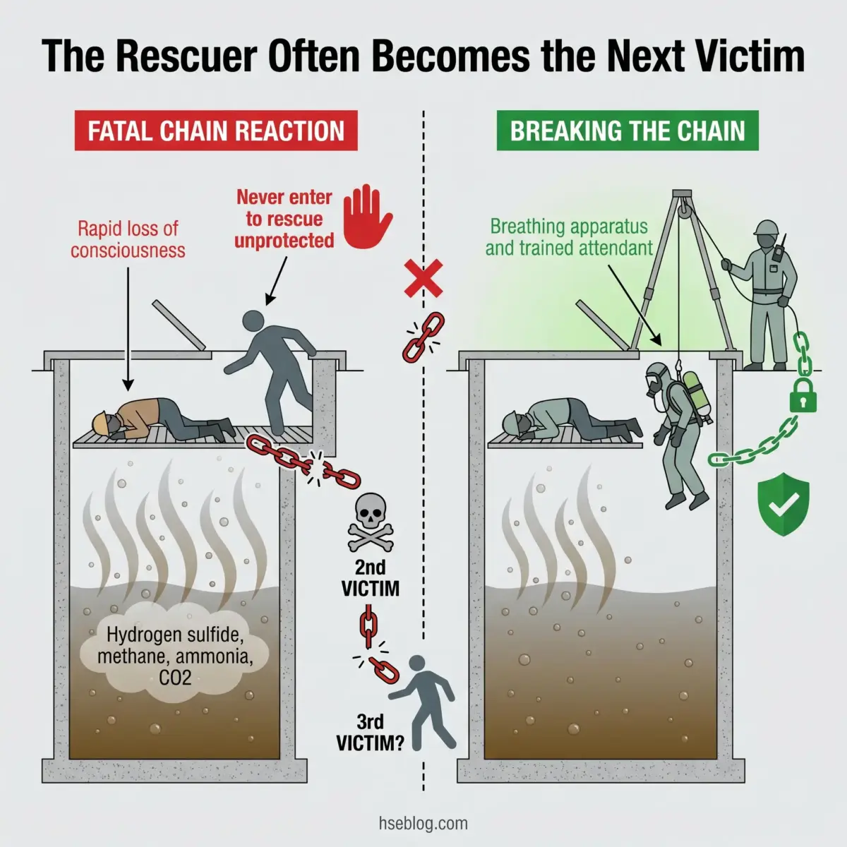 Infographic comparing unsafe confined space rescue without protective equipment leading to multiple victims versus safe rescue with breathing apparatus, trained personnel, and safety chains.