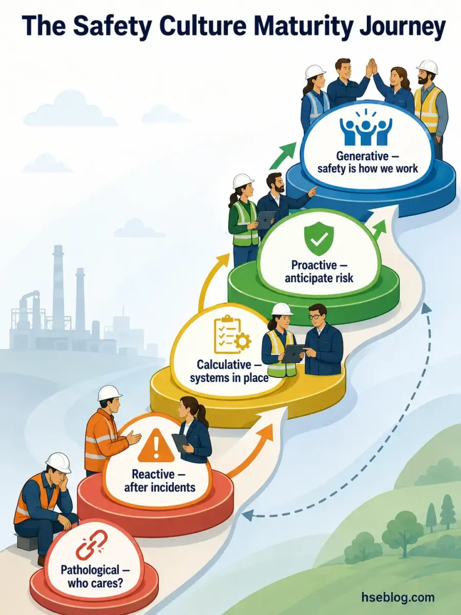 Infographic showing the five-stage safety culture maturity journey from pathological to generative, illustrated as ascending platforms with workers at an industrial facility.