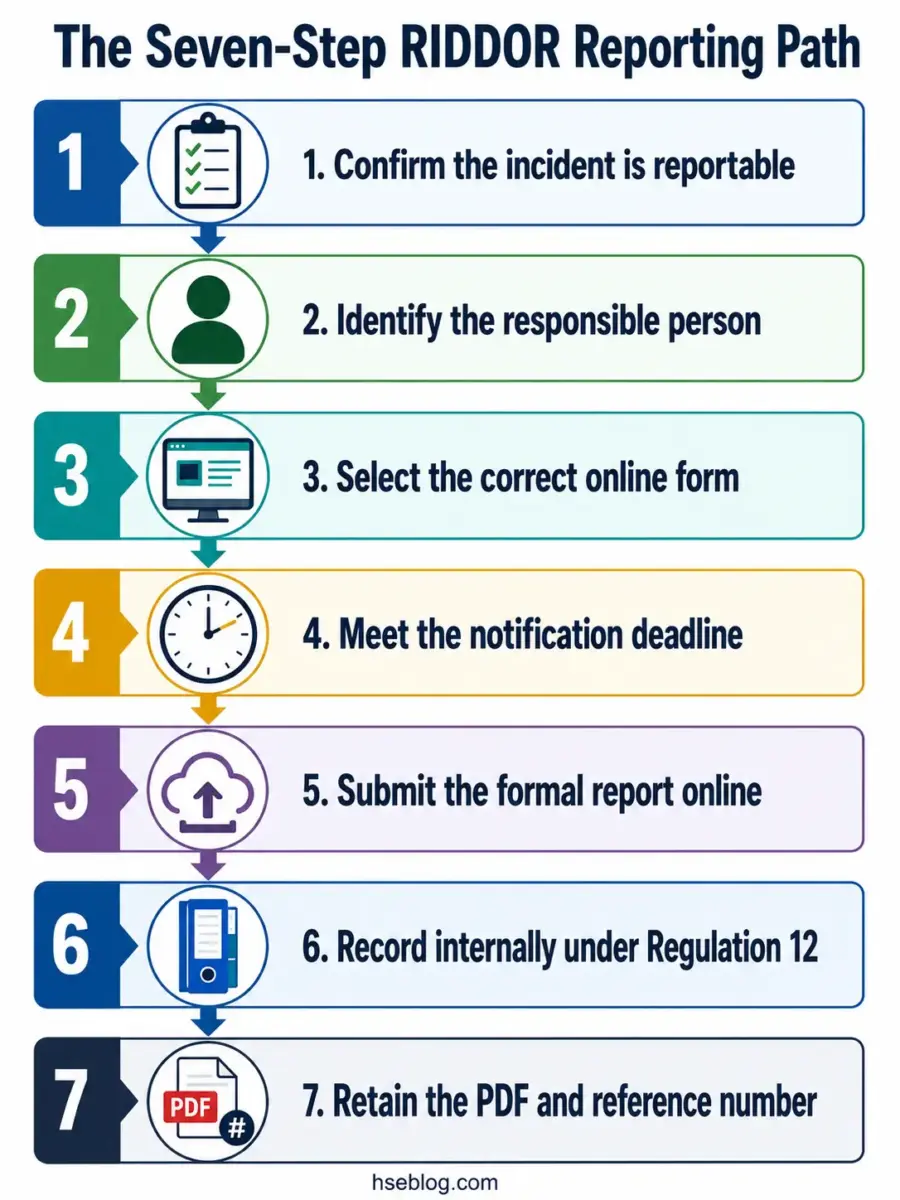 Seven-step RIDDOR reporting pathway showing how to confirm reportable incidents, identify responsible persons, select online forms, meet deadlines, submit formal reports, record internally, and retain documentation.