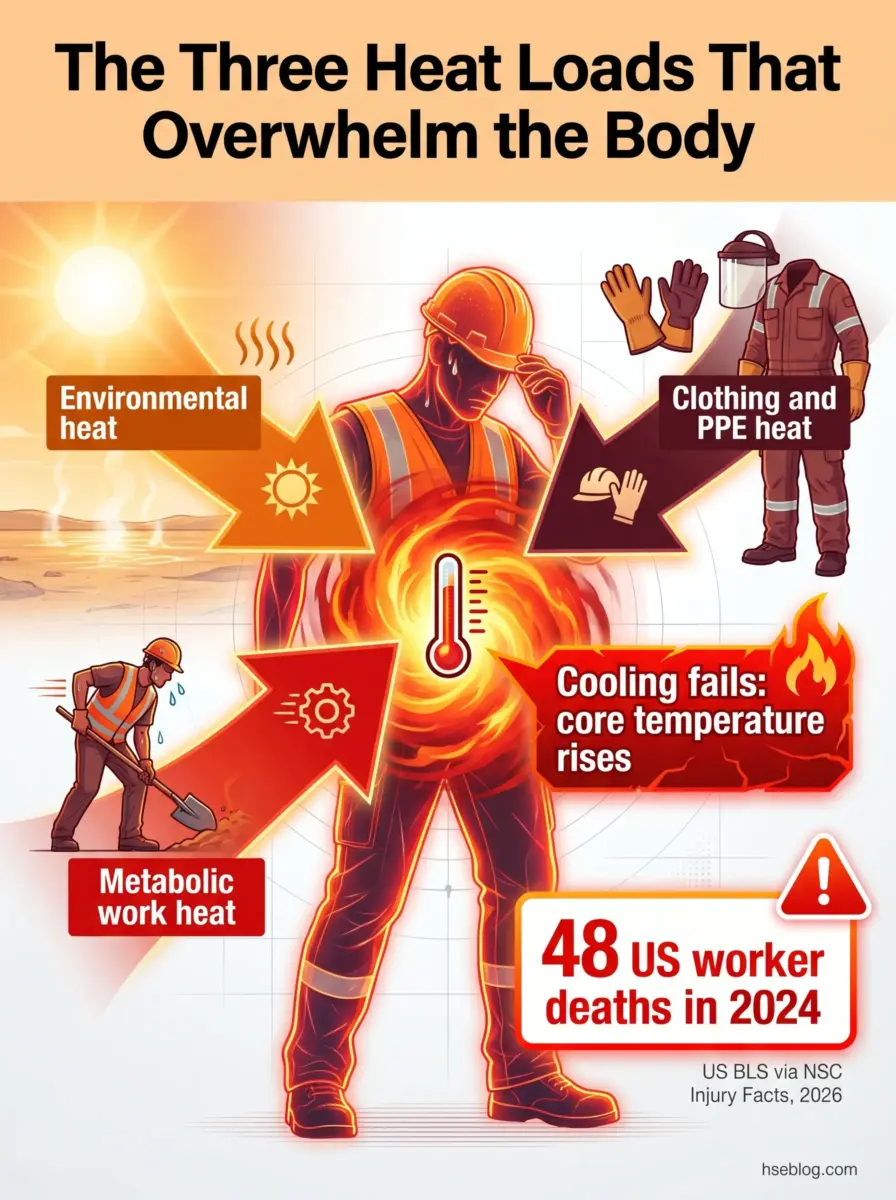 Illustration showing three heat sources overwhelming a worker's body: environmental heat from the sun, metabolic work heat from physical labor, and clothing/PPE heat, leading to core temperature rise and citing 48 US worker deaths in 2024.