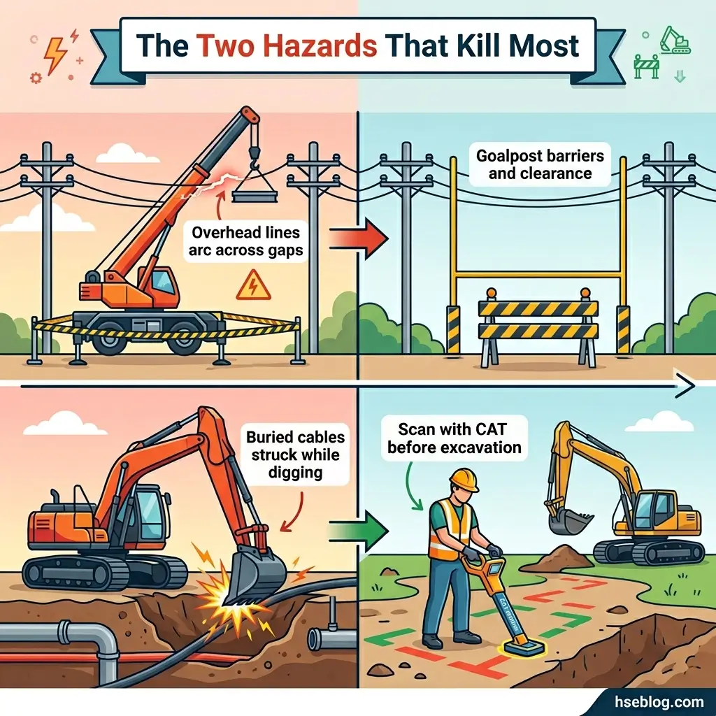 Infographic showing two major construction site hazards: overhead power lines crossing gaps and buried cables struck during excavation, with safety solutions including goalpost barriers and CAT scanning before digging.