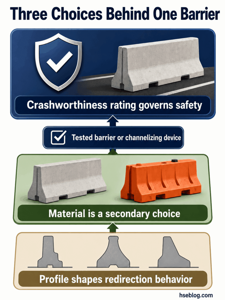 Infographic showing three factors for choosing road safety barriers: crashworthiness rating as primary consideration, tested barrier or channelizing device as requirement, material as secondary choice, and profile shapes for redirection behavior.