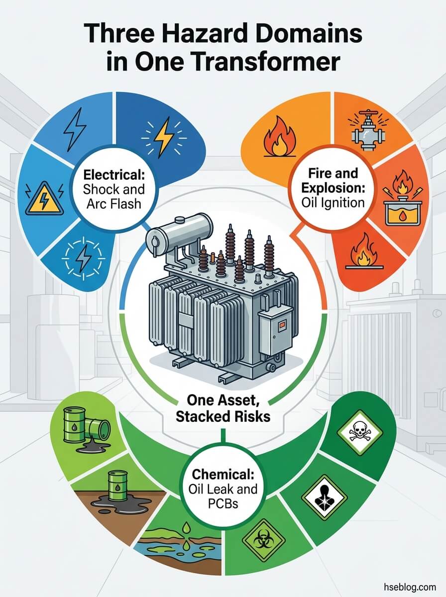 Infographic showing three hazard domains in power transformers: electrical shock and arc flash in blue, fire and explosion from oil ignition in orange, and chemical hazards from oil leaks and PCBs in green, all surrounding a central transformer illustration.