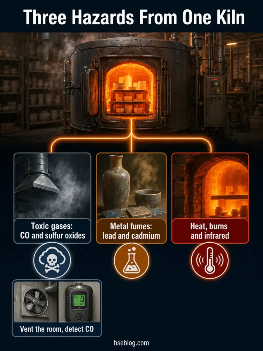Infographic showing three major hazards from operating a kiln: toxic gases like carbon monoxide, metal fumes including lead and cadmium, and extreme heat with burn and infrared radiation risks, with ventilation and CO detection recommended.