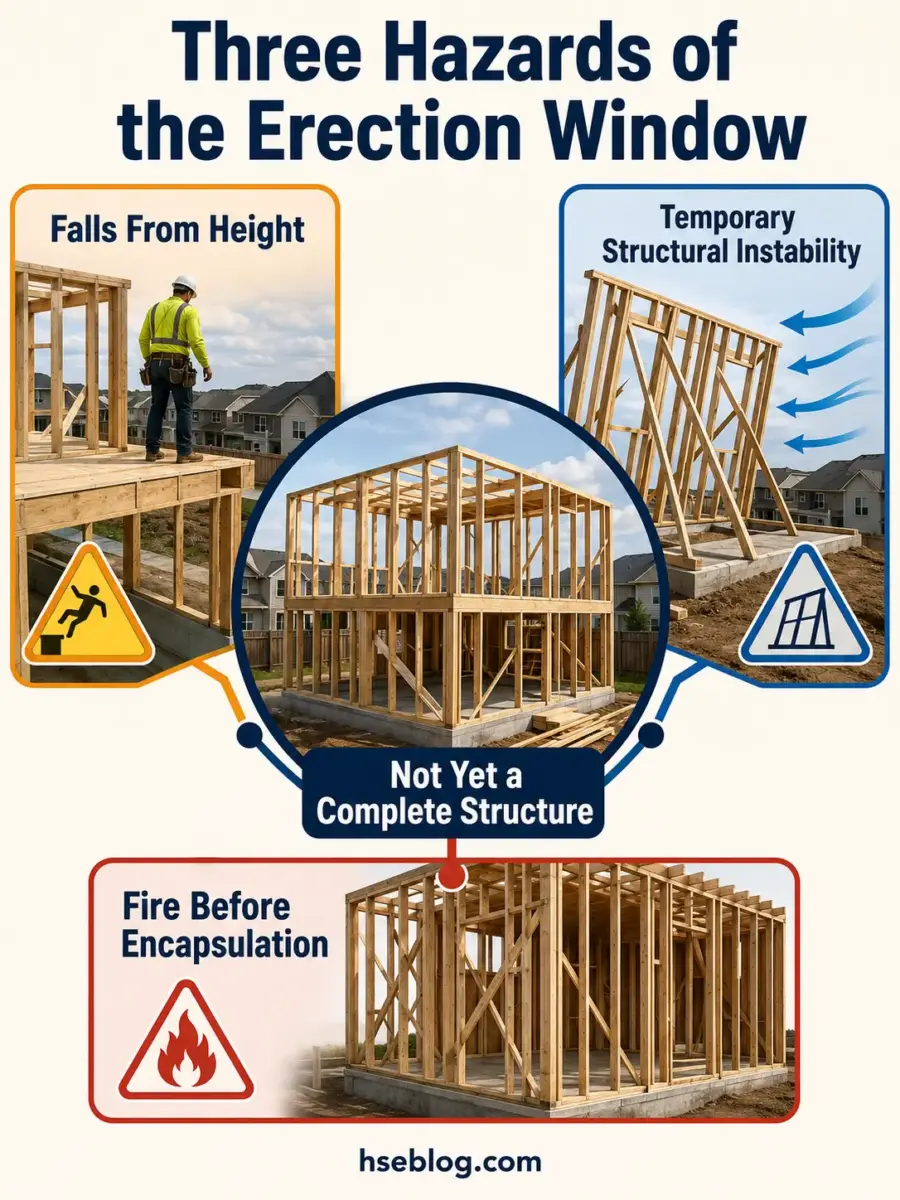 Infographic showing three major hazards during building construction: falls from height, temporary structural instability, and fire before encapsulation, illustrated with photos of an incomplete wood-framed house structure.