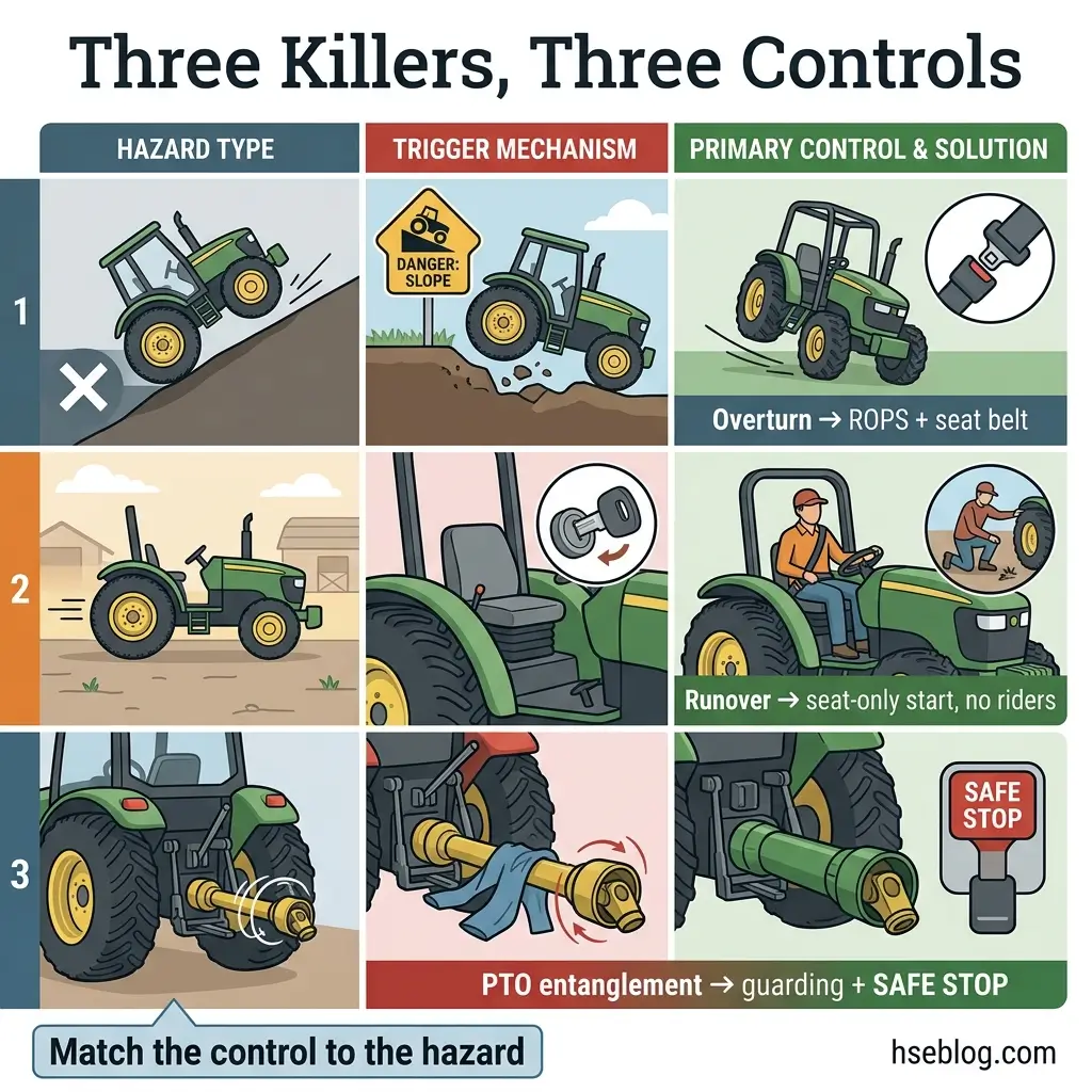 Infographic showing three agricultural hazards with tractor illustrations: slope overturn controlled by ROPS and seat belt, runover prevented by seat-only start, and PTO entanglement managed by guarding and safe stop mechanisms.