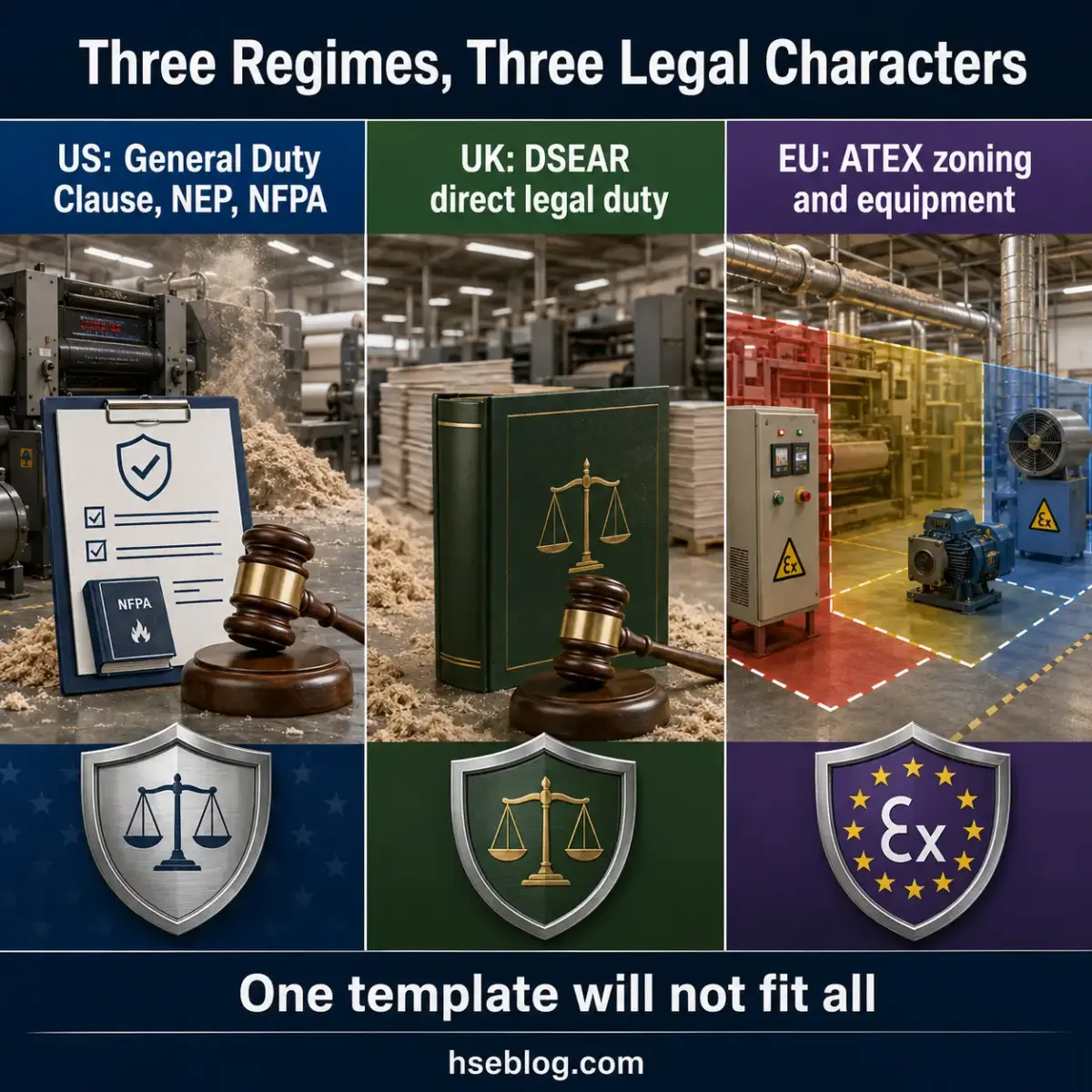 Infographic comparing three industrial safety and compliance regimes: US General Duty Clause with NFPA standards, UK DSEAR direct legal duty, and EU ATEX zoning regulations, each illustrated with legal symbols and factory settings.