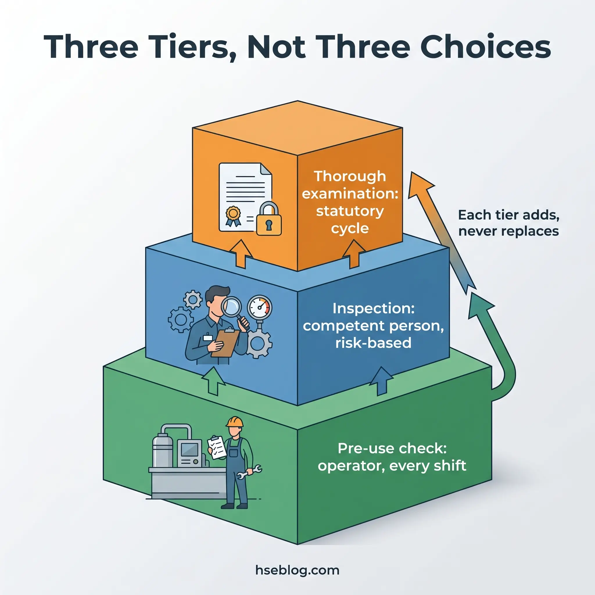 Three-tiered pyramid diagram showing equipment inspection hierarchy: pre-use checks by operators each shift, risk-based inspections by competent persons, and thorough statutory examinations, with each tier adding requirements rather than replacing previous ones.