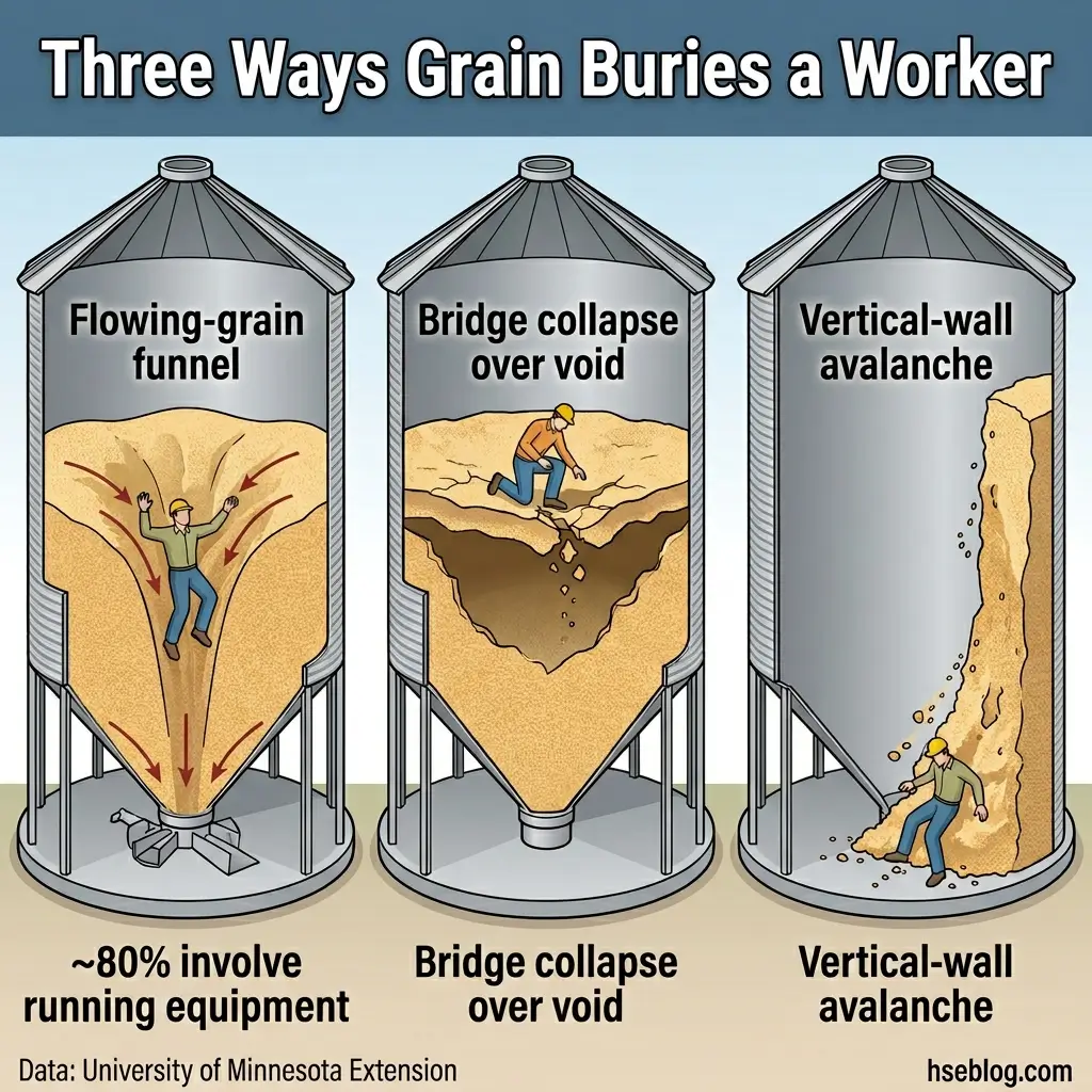 Infographic showing three hazardous grain entrapment scenarios in storage silos: flowing-grain funnel, bridge collapse over void, and vertical-wall avalanche, each illustrating how workers can be buried.