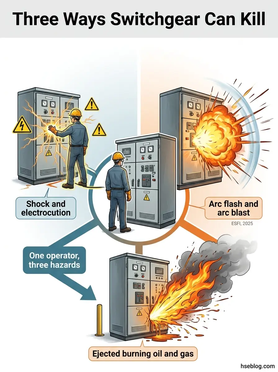 Infographic showing three electrical hazards from switchgear: an operator experiencing shock and electrocution, arc flash and arc blast explosion, and ejected burning oil and gas, labeled "One operator, three hazards.