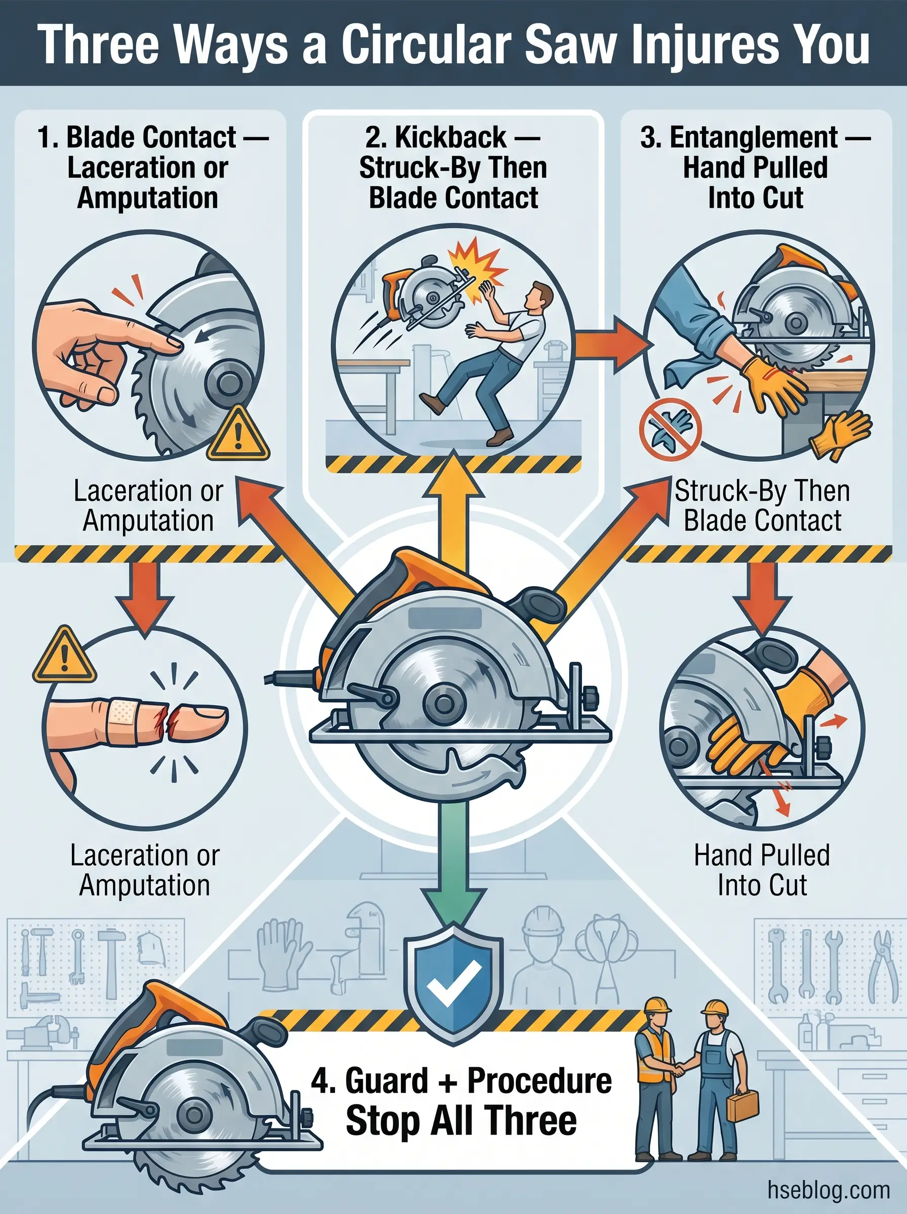 Infographic showing three hazardous ways circular saws cause injuries: direct blade contact causing lacerations or amputations, kickback striking the operator, and hand entanglement pulled into the blade, with a emphasis on using guards and proper procedures to prevent accidents.