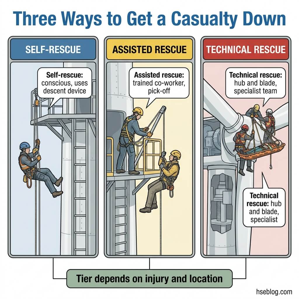Infographic showing three rescue methods for injured workers at height: self-rescue using descent devices, assisted rescue with trained coworkers, and technical rescue with specialized teams, selected based on injury severity and location.