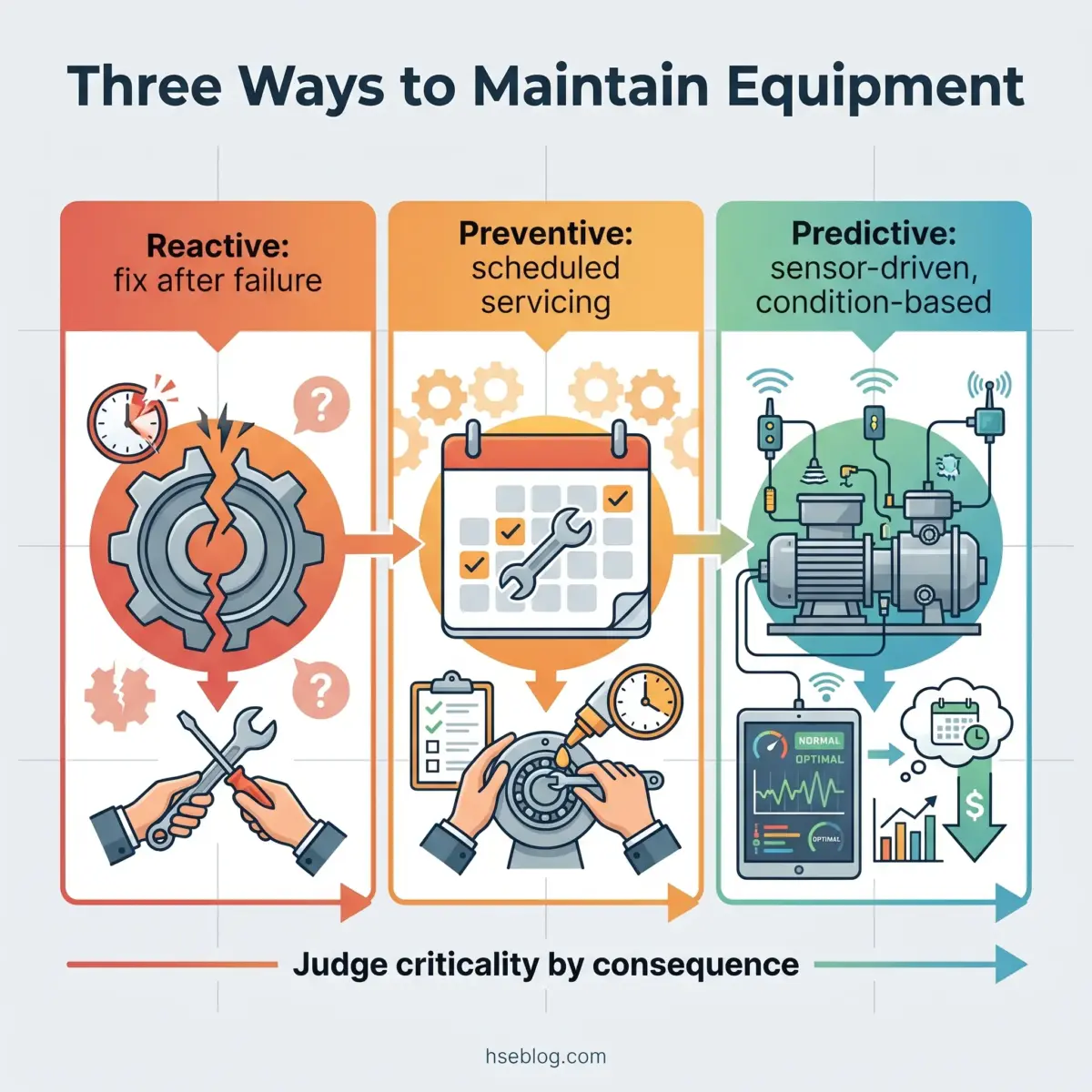 Infographic comparing three equipment maintenance approaches: reactive maintenance that fixes failures after they occur, preventive maintenance using scheduled servicing, and predictive maintenance using sensors and condition-based monitoring.