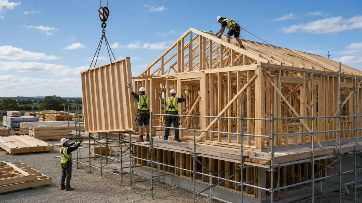 Construction workers in safety gear guide a wooden wall panel being lifted by crane onto a residential timber-frame house under construction on a sunny day.