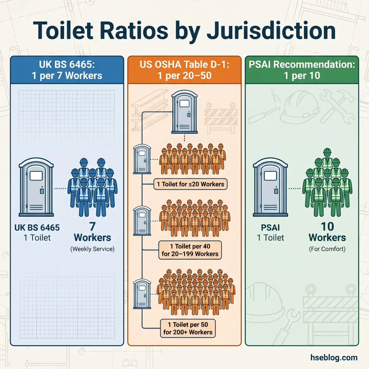 Comparison chart showing toilet ratios by jurisdiction: UK BS 6465 requires 1 toilet per 7 workers, US OSHA ranges 1 per 20-50 workers, and PSAI recommends 1 per 10 workers for comfort.