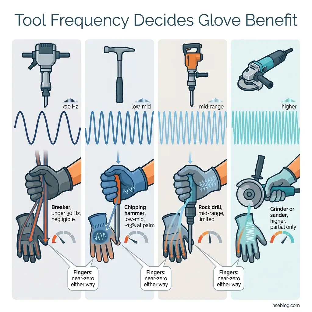 Infographic showing four power tools with vibration frequencies and corresponding glove protection requirements, ranging from breakers at under 30 Hz requiring no gloves to grinders at higher frequencies requiring partial gloves.