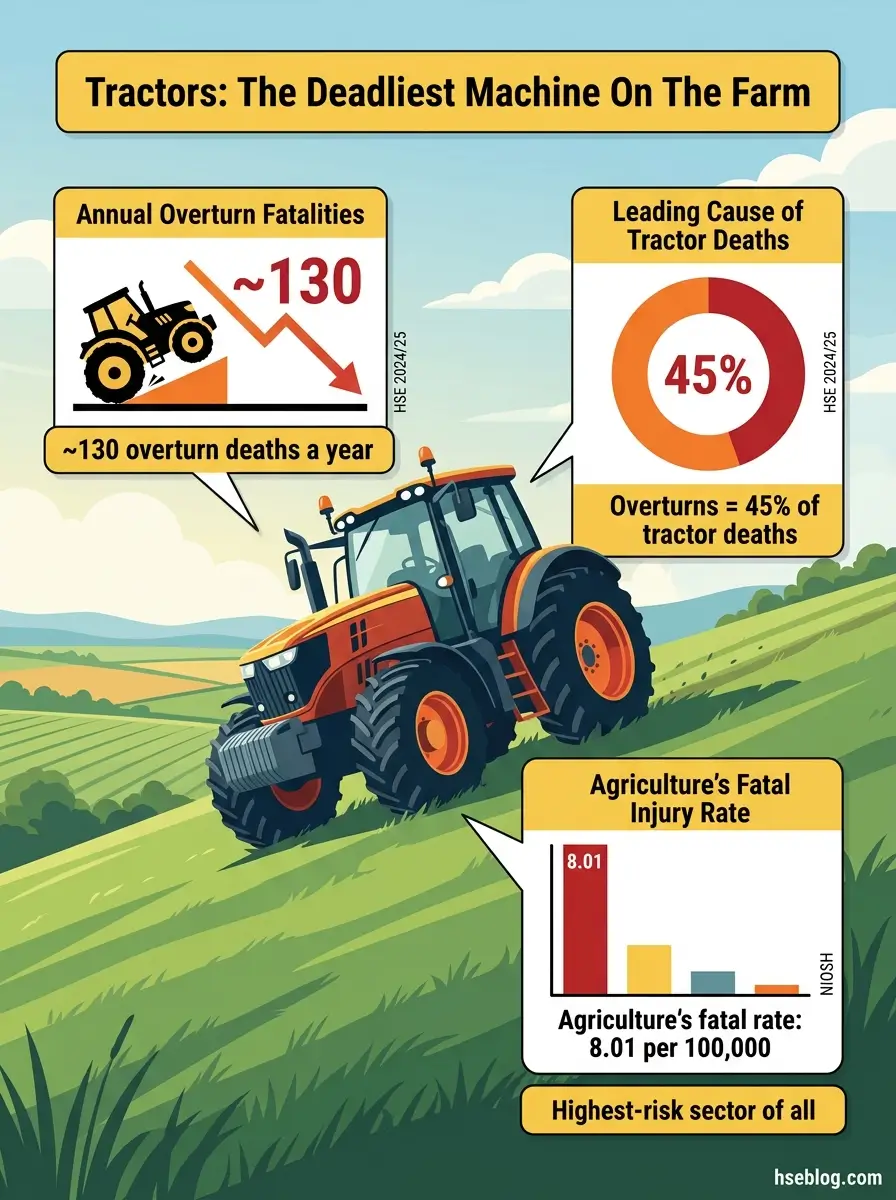Infographic about tractor safety showing annual overturn fatalities of approximately 130, with overturns accounting for 45% of tractor deaths and agriculture having a fatal injury rate of 8.01 per 100,000 workers.