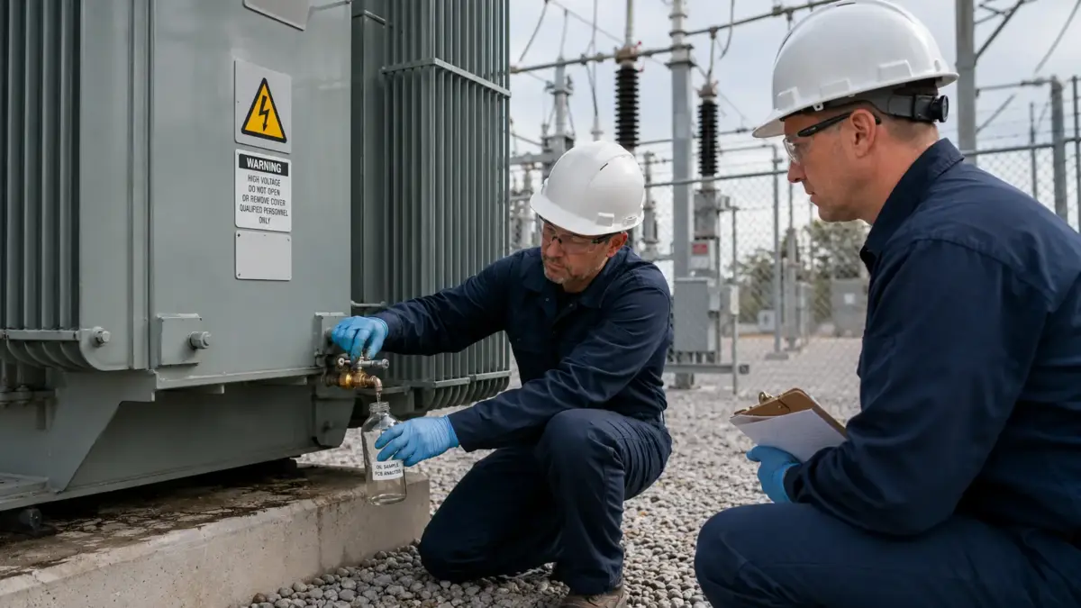 Two electrical utility workers in hard hats and safety gloves inspect a high-voltage transformer at an outdoor substation, with one collecting a fluid sample while the other takes notes.