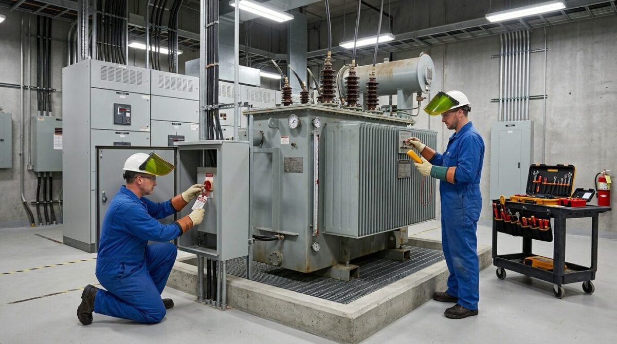 Two electricians in blue uniforms and safety helmets inspect and maintain a large industrial power transformer in a modern substation facility with control panels and tools.