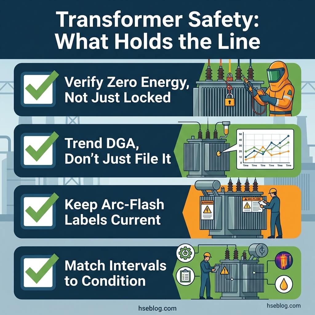 Infographic showing four key transformer safety practices: verifying zero energy, trending DGA data, maintaining arc-flash labels, and matching maintenance intervals to equipment condition.
