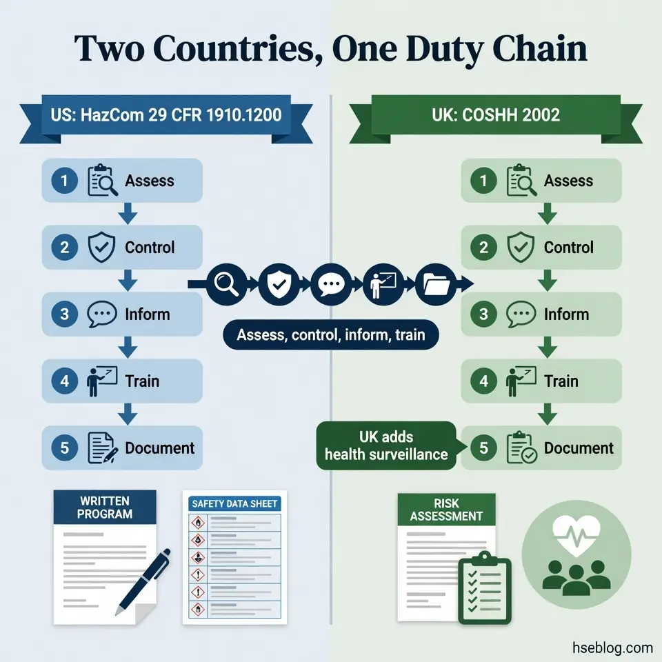 Comparison of hazard communication duty chains in the US and UK, showing five-step processes for assessing, controlling, informing, training, and documenting workplace hazards.