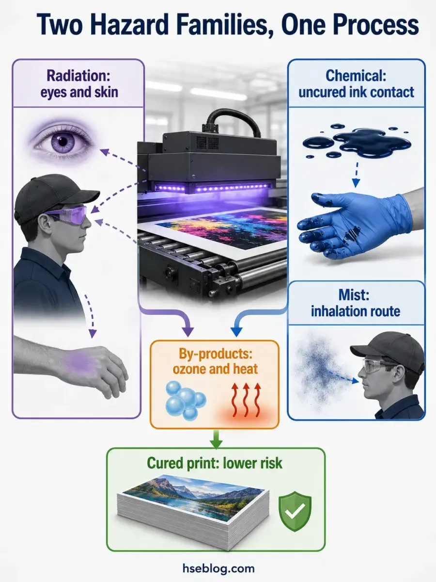 Infographic showing two occupational hazards from UV printing: radiation exposure to eyes and skin, and chemical hazards from uncured ink contact and mist inhalation, with curing as the solution for safer prints.