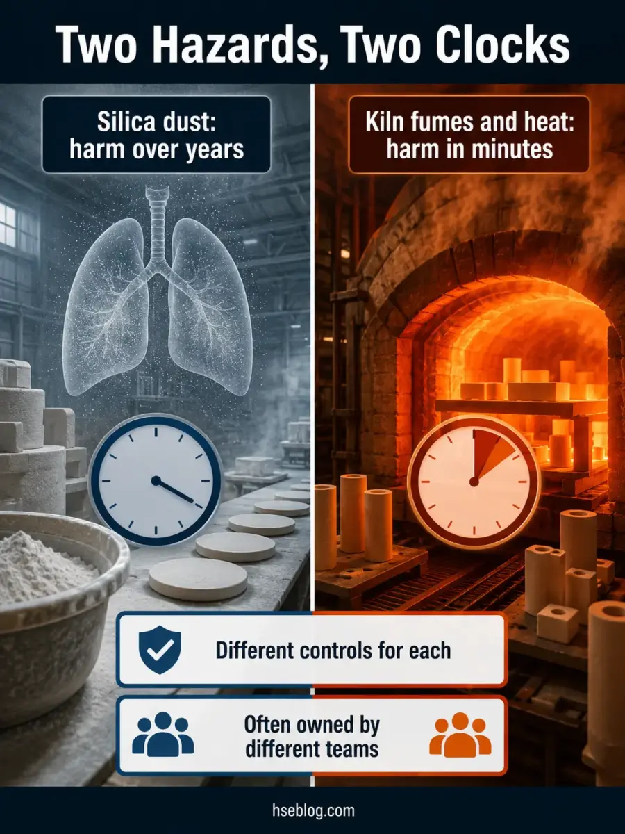Infographic comparing two workplace hazards: silica dust causing long-term lung damage and kiln fumes causing immediate harm, each with different control measures and management teams.