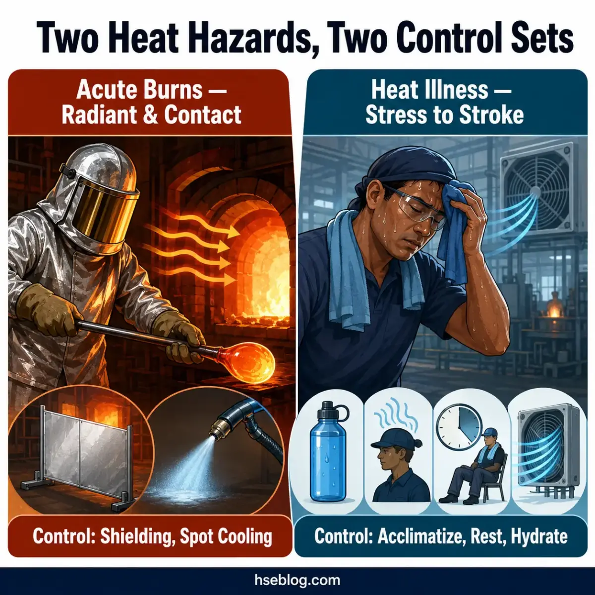 Infographic comparing two occupational heat hazards and control methods: acute burns from radiant and contact heat requiring shielding and spot cooling, versus heat illness from stress requiring acclimatization, rest, and hydration.