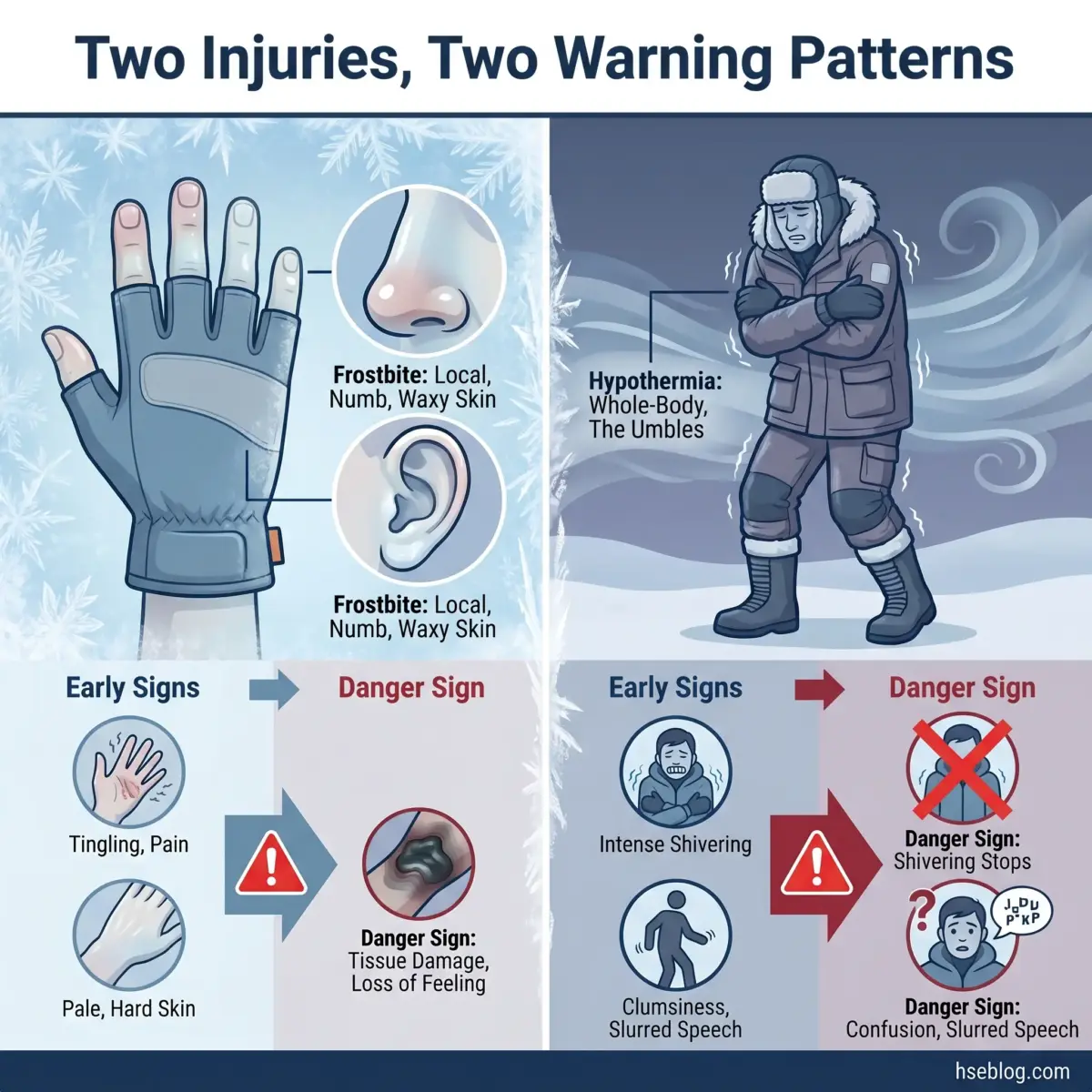 Infographic comparing frostbite and hypothermia warning signs, showing symptoms progression from early signs to danger signs requiring emergency medical attention in cold weather conditions.