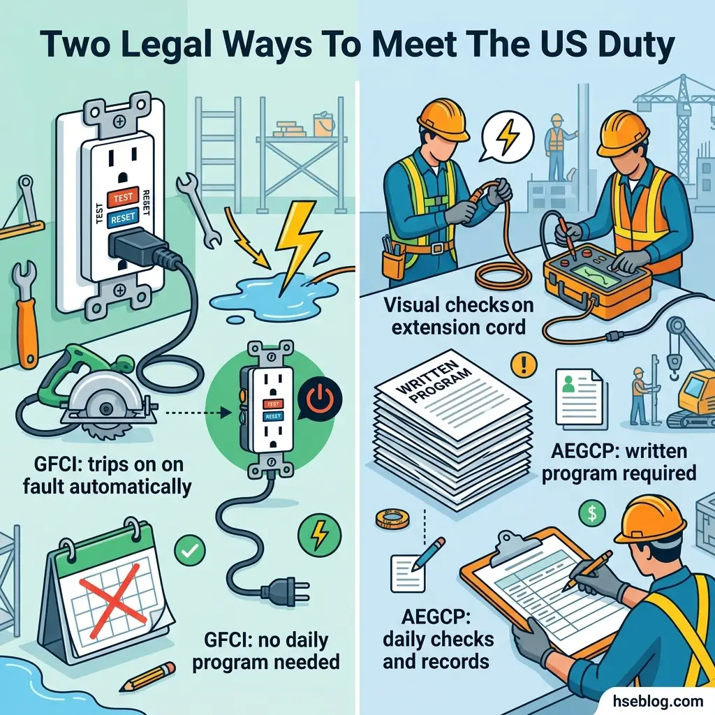 Infographic comparing two legal methods to meet US electrical safety duty: GFCI devices that trip automatically on faults without daily testing, and AEGCP requiring written programs with daily checks and documentation.