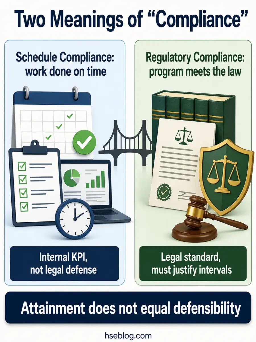 Infographic comparing schedule compliance (on-time work delivery) versus regulatory compliance (legal requirement adherence), showing that meeting timelines doesn't provide legal defensibility.
