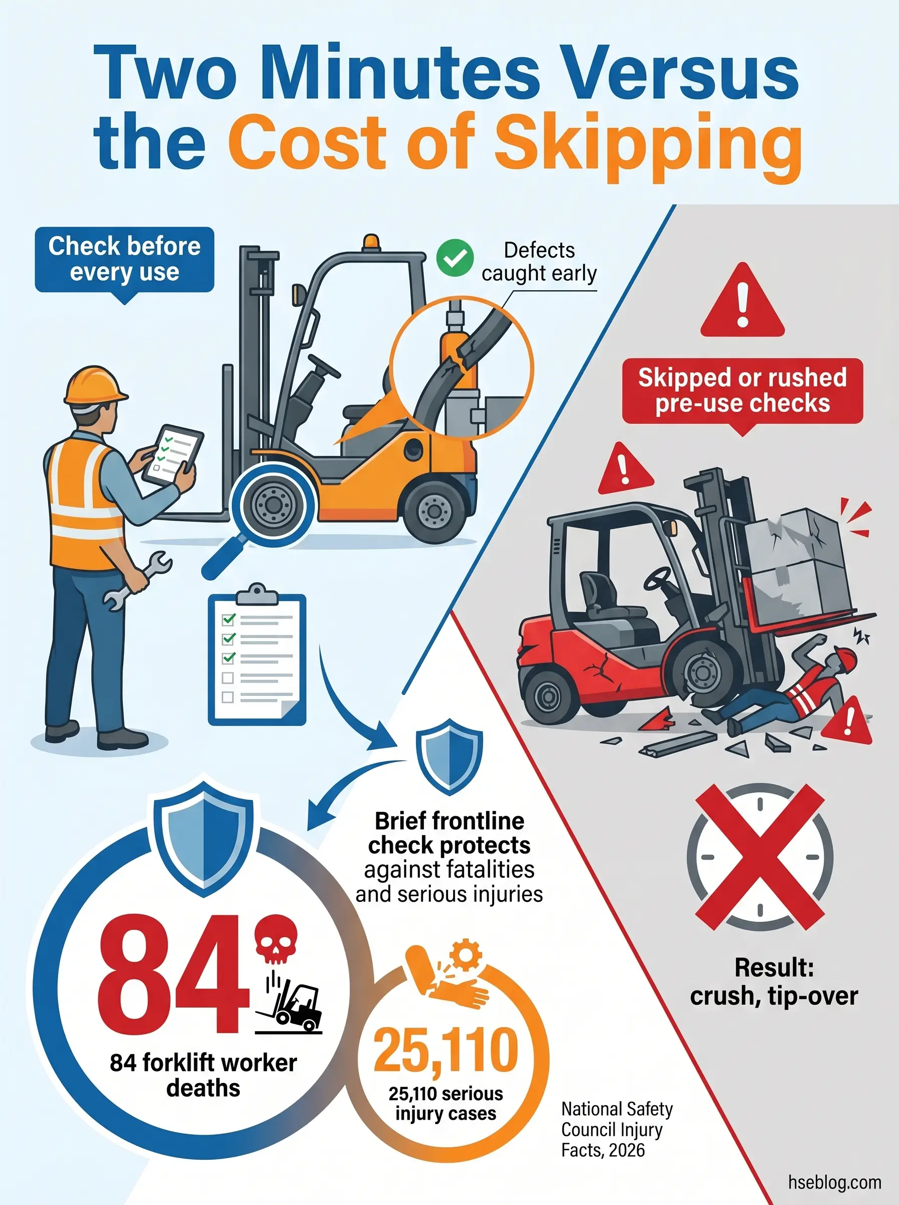 Infographic comparing forklift safety: pre-use inspections taking two minutes prevent 84 deaths and 25,110 injuries annually, versus skipped checks resulting in crashes and tip-overs.