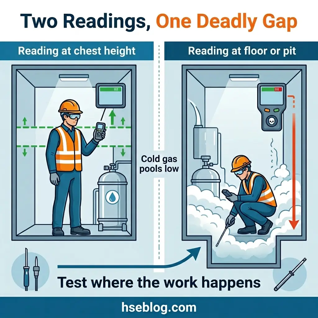 Infographic comparing two HVAC refrigerant readings: one taken at chest height showing normal conditions, the other at floor level where cold gas pools low, illustrating why technicians must test where the work actually happens.