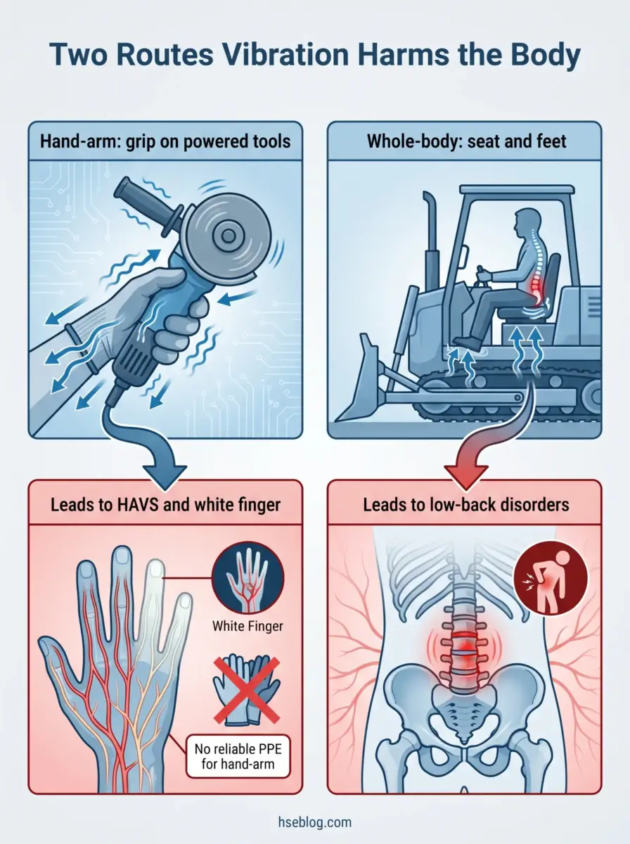 Infographic showing two routes vibration exposure harms the body: hand-arm vibration from powered tools causing HAVS and white finger, and whole-body vibration from vehicle seats causing low-back disorders.